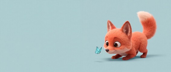 Fototapeta premium Cute red fox baby cub looking at a blue butterfly on a pastel background with copy space. Minimalist 3D character illustration banner representing curiosity, friendship, wonder, and sweet discoveries.
