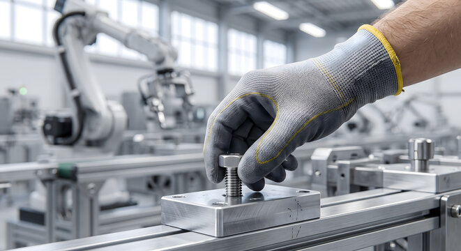 Gloved worker hand placing metal bolt into steel block on automated industrial assembly line at modern factory plant.
