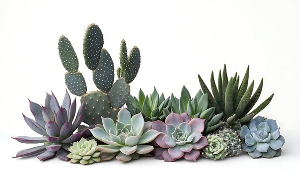 Assortment of succulent plants and cacti on white background, studio shot, variety.