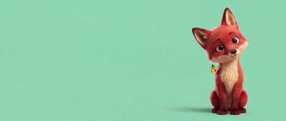 Fototapeta premium Cute red fox cartoon character sitting with a yellow butterfly on a clean mint green background, featuring large copy space banner for sweet nursery illustration and animal kid card design.