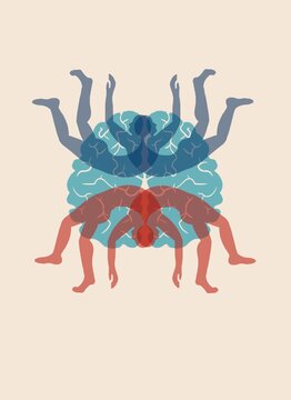 Silhouettes of people doing exercise in front of a brain