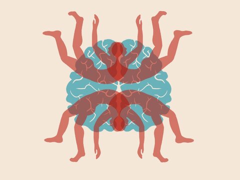 Creative Illustration of Brain and Human Figures in Symmetrical Design