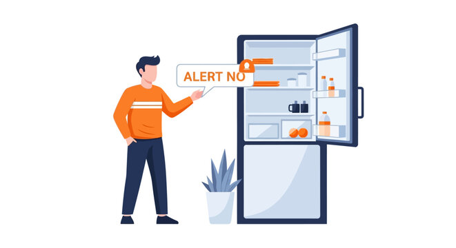 Smart Refrigerator Food Shortage Alert Illustration. Man checking empty fridge with digital notification for grocery replenishment. IoT home automation concept.