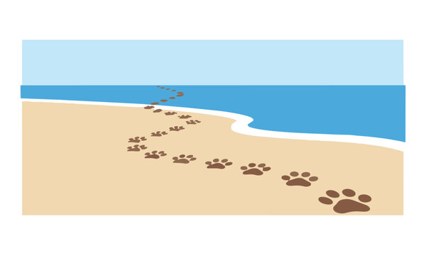 Winding trail of stylized dog paw prints leading to a calm ocean shoreline on a sandy beach minimal summer vacation concept