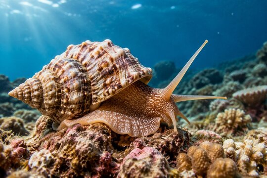 Triton snail extending its tentacles on a coral reef with a visible spiral shell.