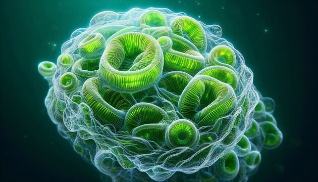 Glowing green chloroplasts in plant cell