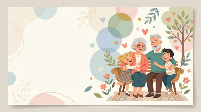 Family, Elderly, Children, Vector Illustration, Pastel Colors, Heartwarming Scene, Family Bonding, Senior, Kids, Emotional Connection, Flat Design