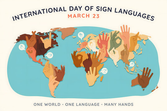 Map featuring various hand signs representing different sign languages with text about the international day of sign languages