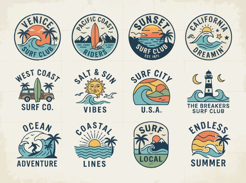 Collection of vintage circular badges and emblems featuring surf culture, coastal scenes, and beach activities.
