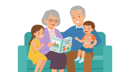 Obraz premium Grandparents are reading a storybook to their grandchildren, who are sitting on a sofa.