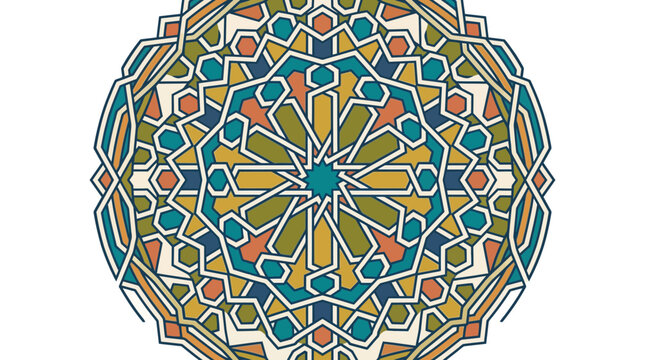 Intricate geometric pattern with star shapes and polygons in various colors, forming a circular mandala design.