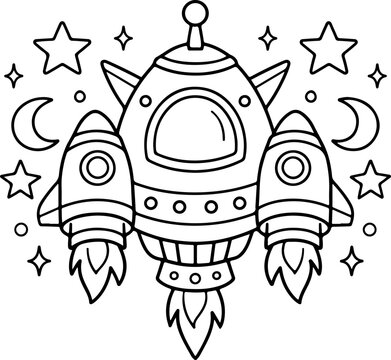 vaisseau spatial futuriste, illustration dessin&eacute;e &agrave; la main au trait, style gribouillage, &agrave; colorier pour enfants