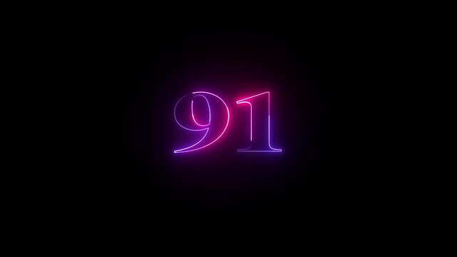 Glowing count neon number 91 text animation on black background. 