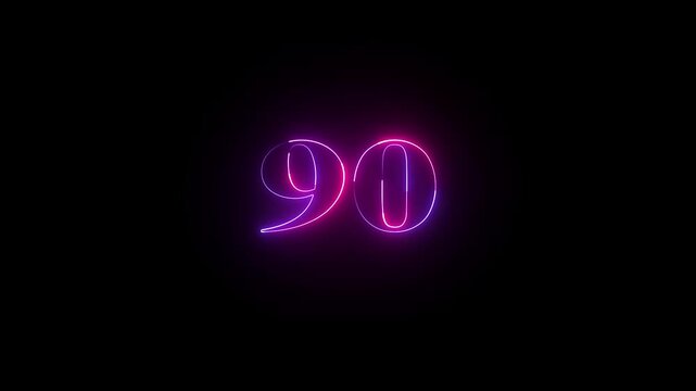 Glowing count neon number 90 text animation on black background. 