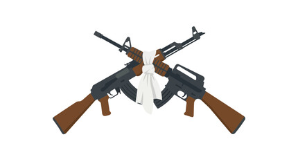 Fototapeta premium Two crossed assault rifles are bound together with a white cloth, symbolizing conflict and peace.