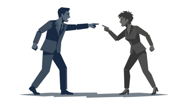 Two business professionals in suits are angrily pointing fingers at each other, engaged in a heated disagreement.