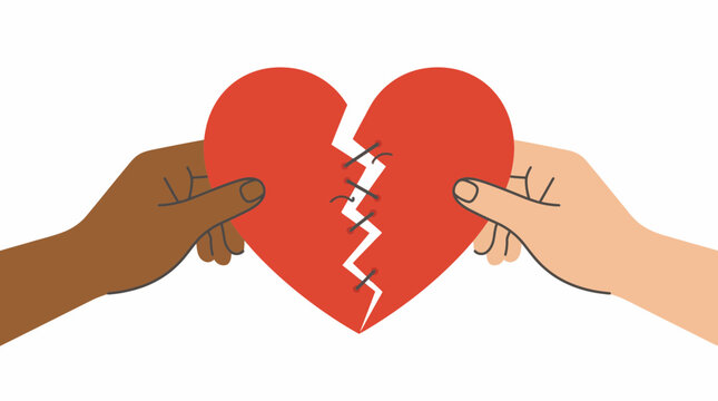 Two hands, one dark-skinned and one light-skinned, hold a broken red heart stitched back together.