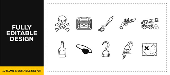 flat vector illustration line art icon bundle set design covering pirate nautical exploration historical weapons skull signs danger warnings swords and map navigations UI © SQUISH