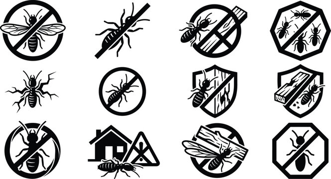 Pest Control Warning Icon Collection with Termite, Ant, Bee, Wood Borer, Insect Prohibition Signs, and Extermination Vector Symbol Set