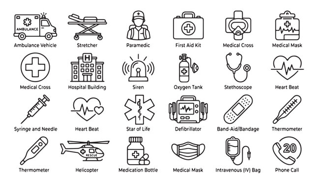 Medical emergency line icons set, 24 healthcare and first aid vector symbols, ambulance and paramedic equipment illustrations for hospital apps isolated on White Background