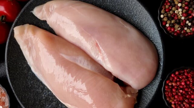 Fresh raw chicken fillet with salt and spices for home cooking. Raw chicken fillet as a food background for your design