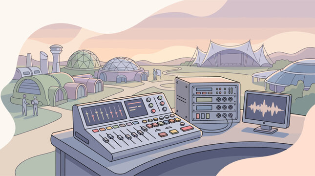 A vector illustration of a professional audio mixing console and recording equipment overlooking a futuristic research base with domes, modular buildings, and people.