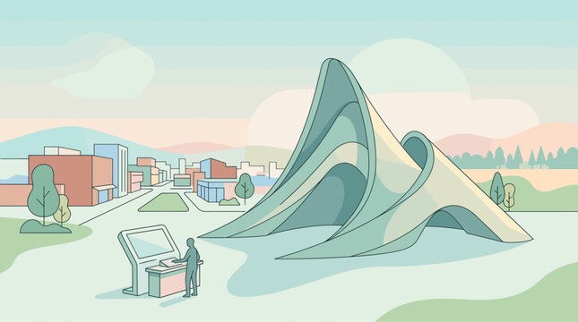 A vector style illustration of a person using an interactive kiosk in front of a futuristic architectural landmark, set within a modern urban city environment with soft pastel tones.