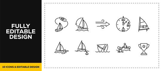 flat vector illustration line art icon bundle set design focusing on maritime travel navigation winds ocean sea breeze ship anchors boat sailing steering wheels graphics UI © SQUISH