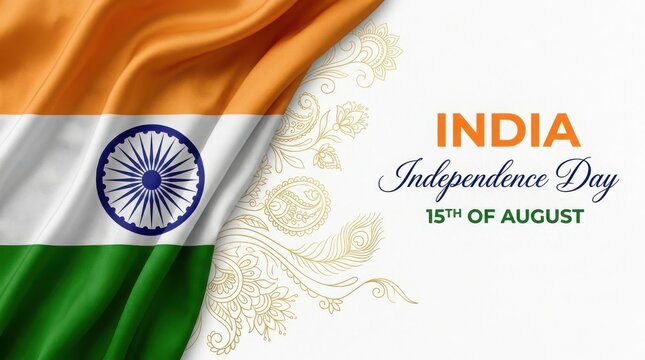 Indian national flag wave background with gold paisley ornaments design for independence day celebration on august fifteenth.