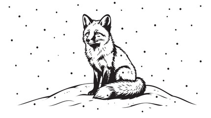 Obraz premium black and white fox illustration, sitting fox vector, snow landscape, winter wildlife