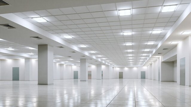 Bright modern empty office hallway with ceiling lights and columns