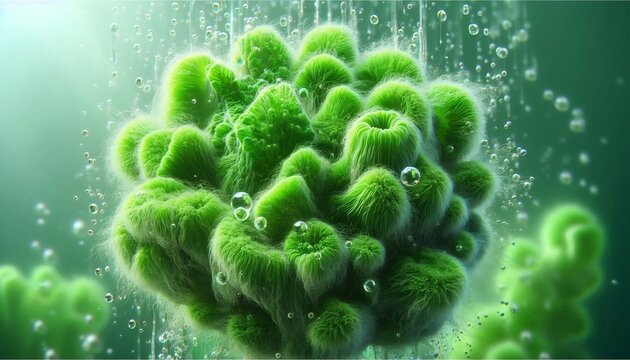 Vibrant green algae colony floating in aquatic environment