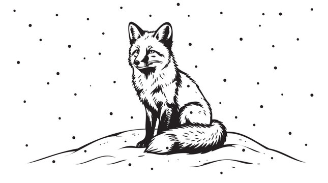 black and white fox illustration, sitting fox vector, snow landscape, winter wildlife