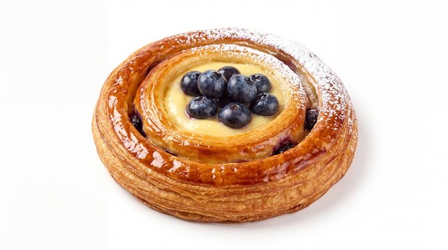 Golden flaky danish pastry topped with fresh blueberries and sweet custard cream on white background