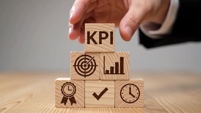 Hand placing a wooden block with kpi text on top of a pyramid of blocks with business icons representing performance measurement and goals