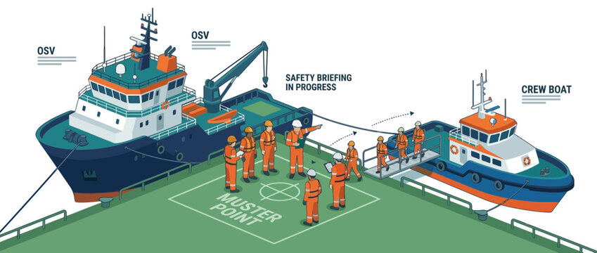 Offshore Safety Briefing: Crew Meeting at Muster Point on Helideck with OSV and Crew Boat