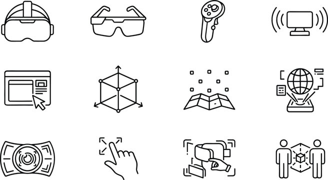 Virtual Reality and Metaverse Technology Line Icon Set Featuring VR Headset, Smart Glasses, Controller, 3D Modeling Cube, Augmented Reality Map, and Simulation Symbols