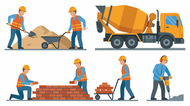 Construction workers performing various tasks with equipment, flat design
