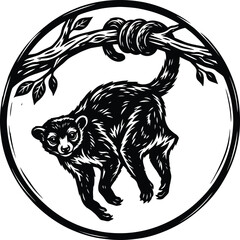 Hand drawn woodcut style illustration of a lemur hanging from a tree branch inside a circular frame design. © MSTRAKIBA