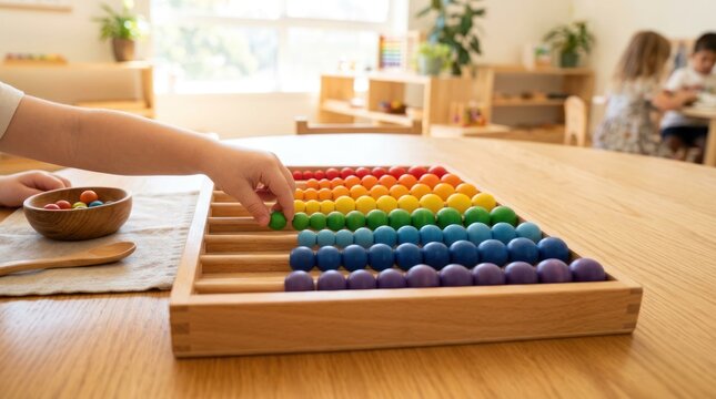 Child learning with colorful counting beads