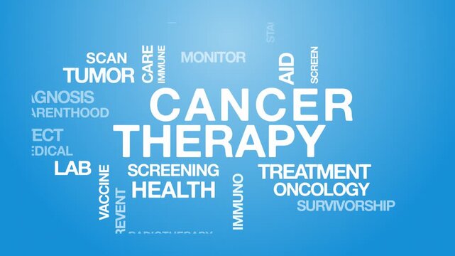 Cancer therapy concept Animated Tag Word Cloud kinetic typography, Text Design Animation typography seamless loop video motion graphics Intro Wordart arrangement sky blue background bg backdrop
