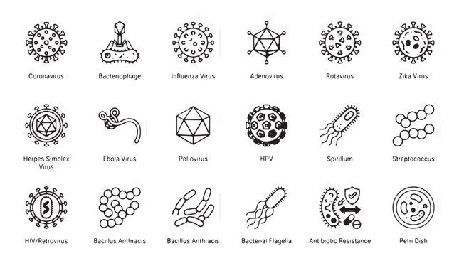Microbiology virus and bacteria icon set, 18 medical science line vector illustrations, pathogenic microorganism and infectious disease symbols isolated on White Background