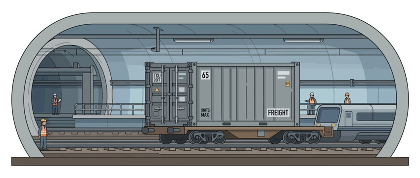 Modern freight train container on flatbed in futuristic tunnel station, cargo transport concept