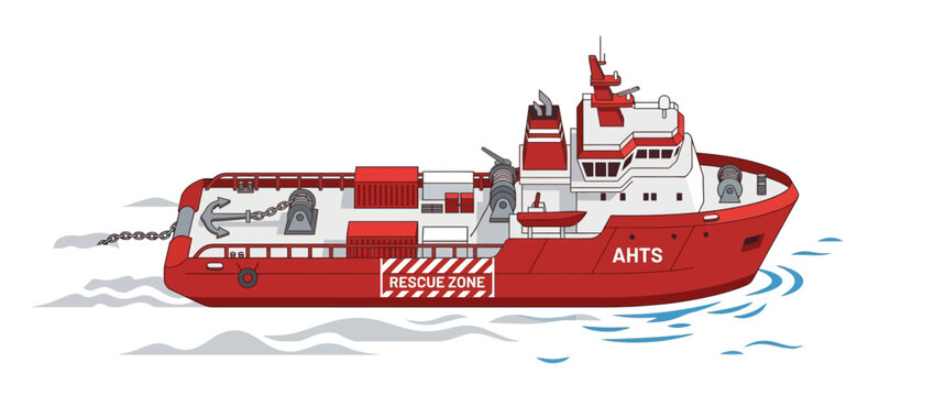 Red Anchor Handling Tug Supply Vessel AHTS at Sea, Rescue Zone Marked