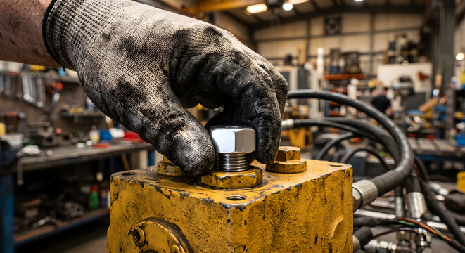 Mechanic's gloved hand tightening large silver nut on old yellow hydraulic pump in workshop.