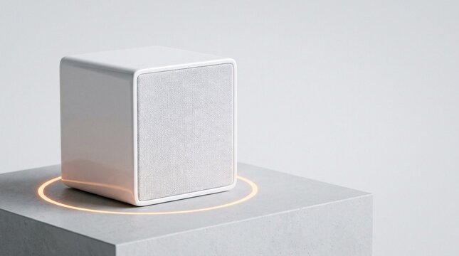White cube smart speaker resting on a concrete block with a glowing orange activation ring underneath in a bright minimalist studio setting