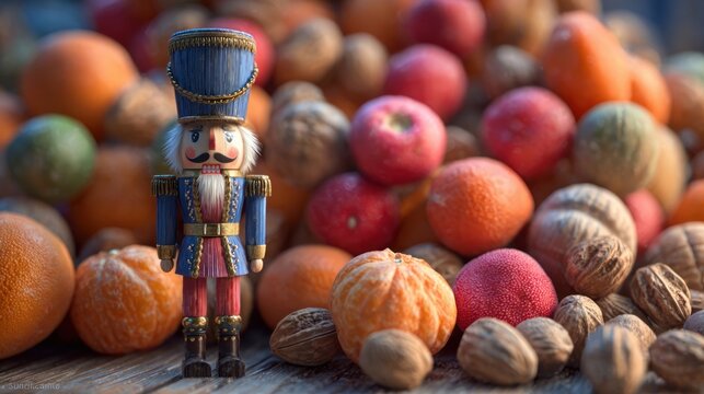 An ornate, antique wooden toy soldier standing guard next to a pile of colorful Christmas nuts and mandarins,