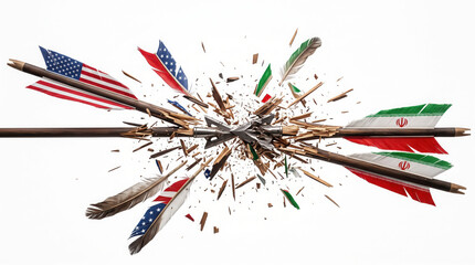 Fototapeta premium Colliding arrows representing geopolitical conflict between two nations with shattering wooden shafts and colorful feathers against a plain white background