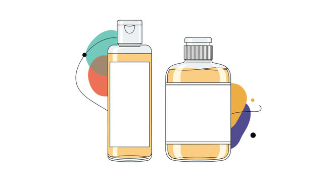 Pair of modern cosmetic bottles for shampoo or lotion presented in a flat design style with abstract colorful shapes.