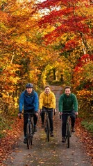 Fototapeta premium Three friends cycling through colorful autumn forest.